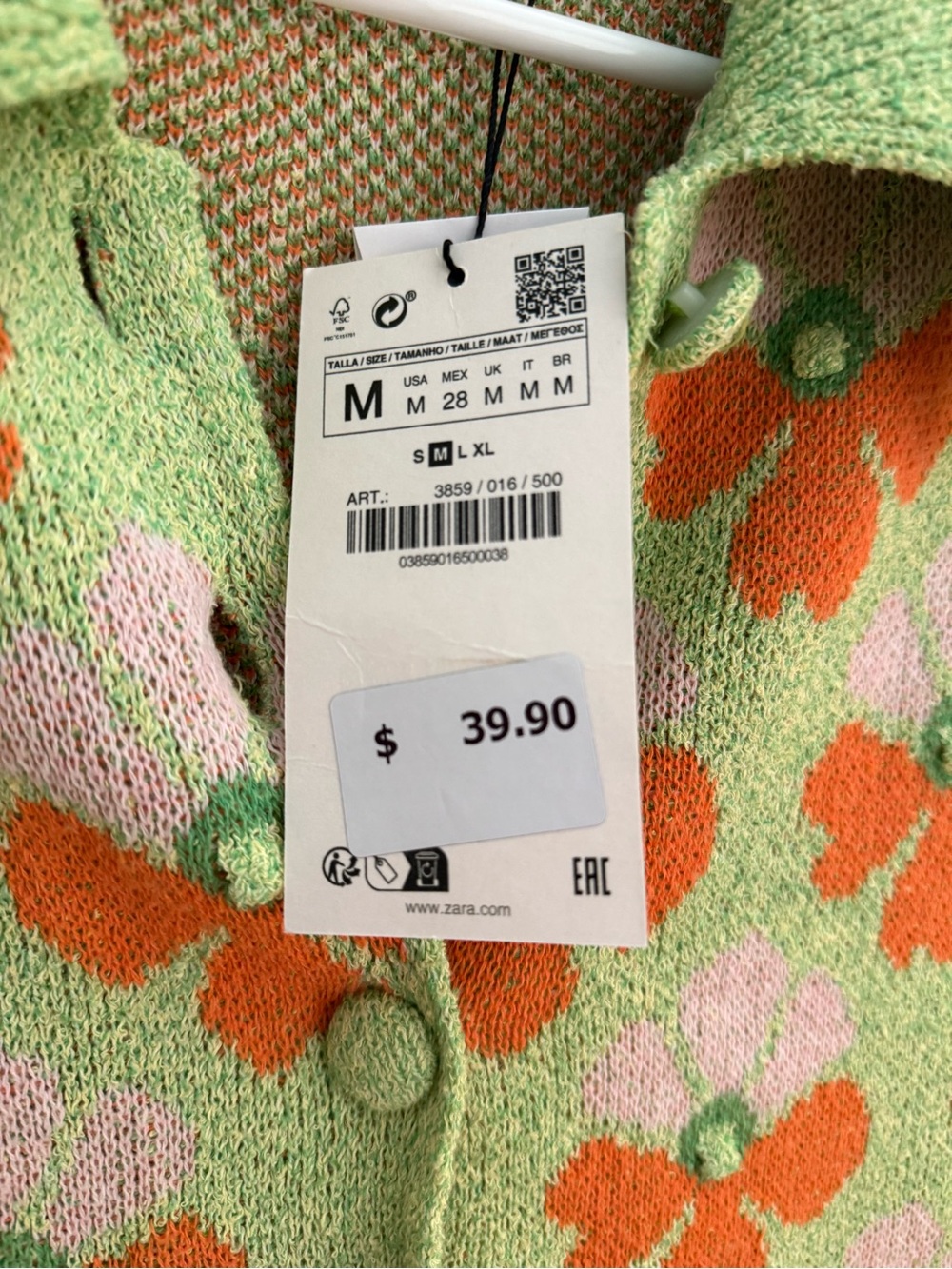 ZARA Green Cardigan with Orange and Pink Floral Motif - Picture 3 of 5